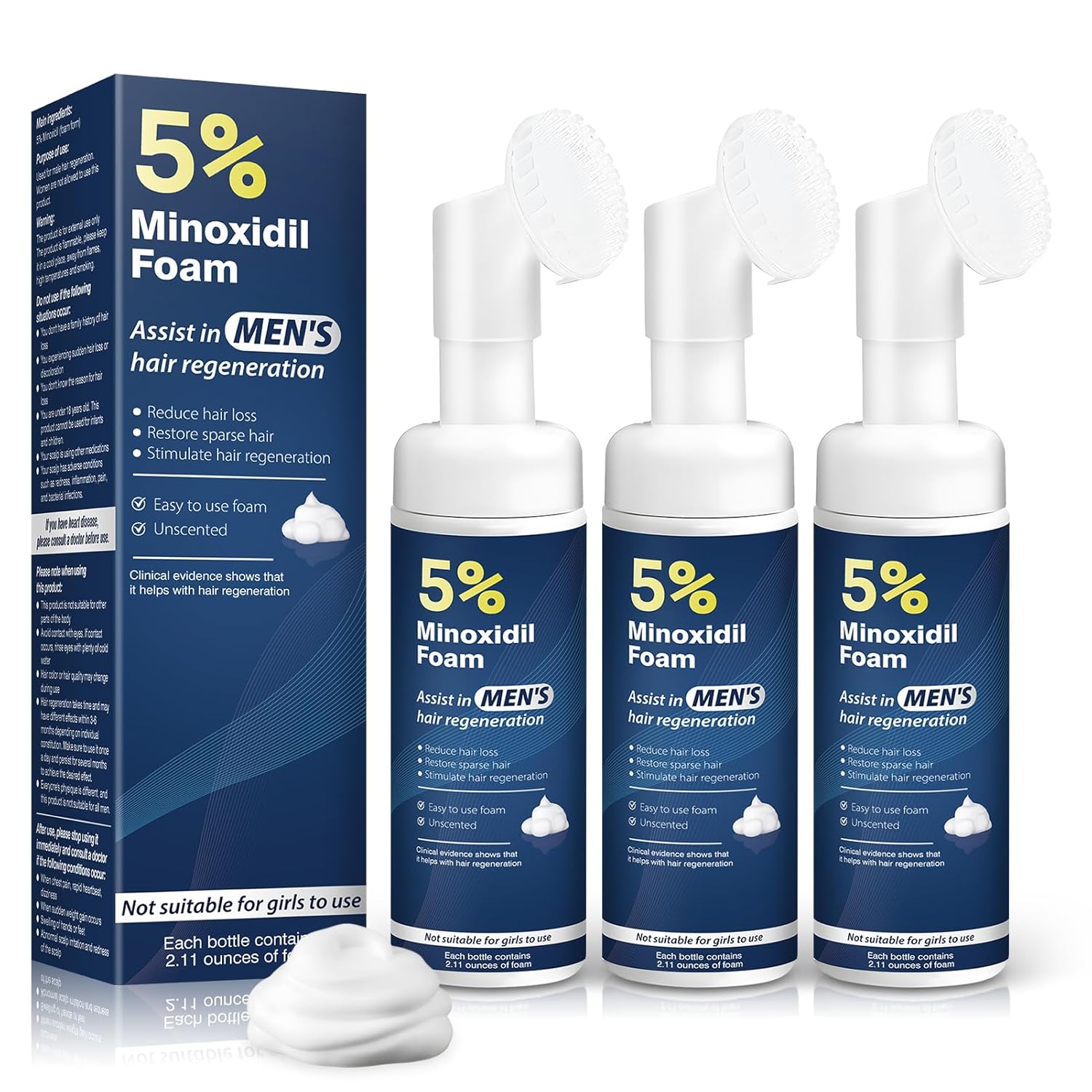 5% Minoxidil Foam for Men Hair Growth Foam Suitable for Hair Thinning Receding Hairline and Hair Loss to Hair Regrowth Get Thicker Fuller Hair 3 Bottles 2.11 Ounces Each