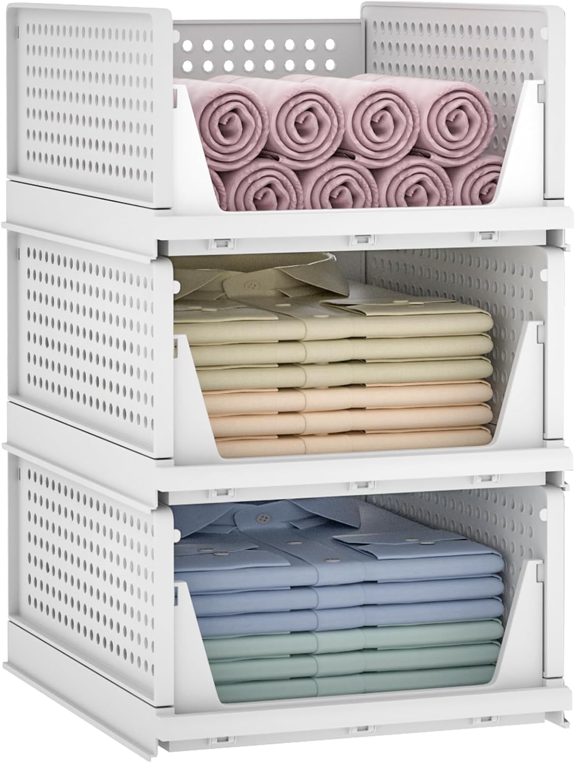 Stackable Closet Organizer Box - Stackable Storage Bins, Plastic Storage Basket Foldable Closet Storage Basket for Wardrobe Cupboard Kitchen Bathroom Officem (White, 3 Pack L)