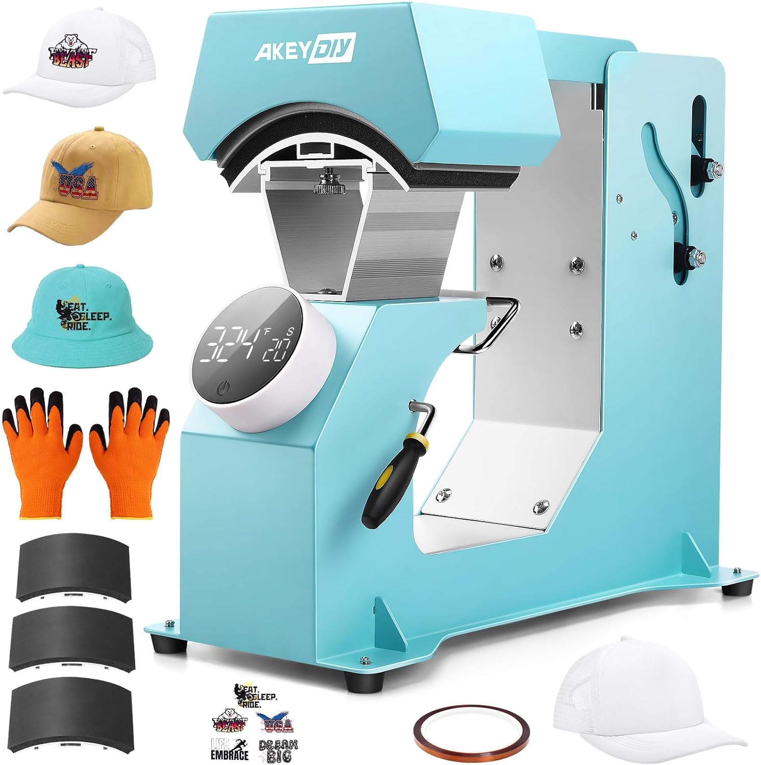 AKEYDIY 3-in-1 Auto Cap Heat Press Machine, Hat Heat Press with 3pcs Replaceable Heating Pads, Automatic Release&Press Knob-Style Digital Control Panel, DIY Sublimation Caps T-Shirts Bags