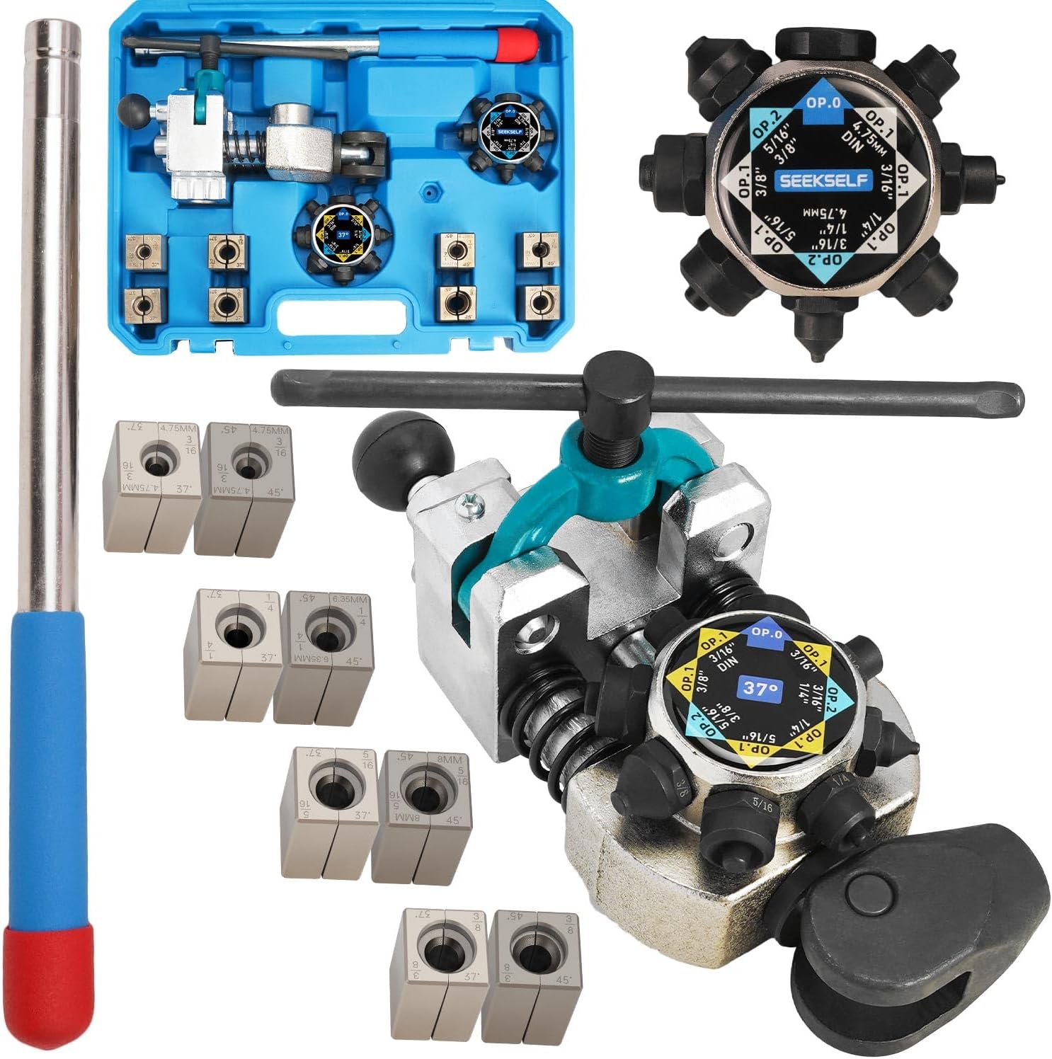 Professional Brake Line Flaring Tool Kit for 45 & 37 Degree Single, Double and Bubble Flares, 3/16", 1/4", 5/16", 3/8" and 4.75mm Steel Copper Metal Tubing