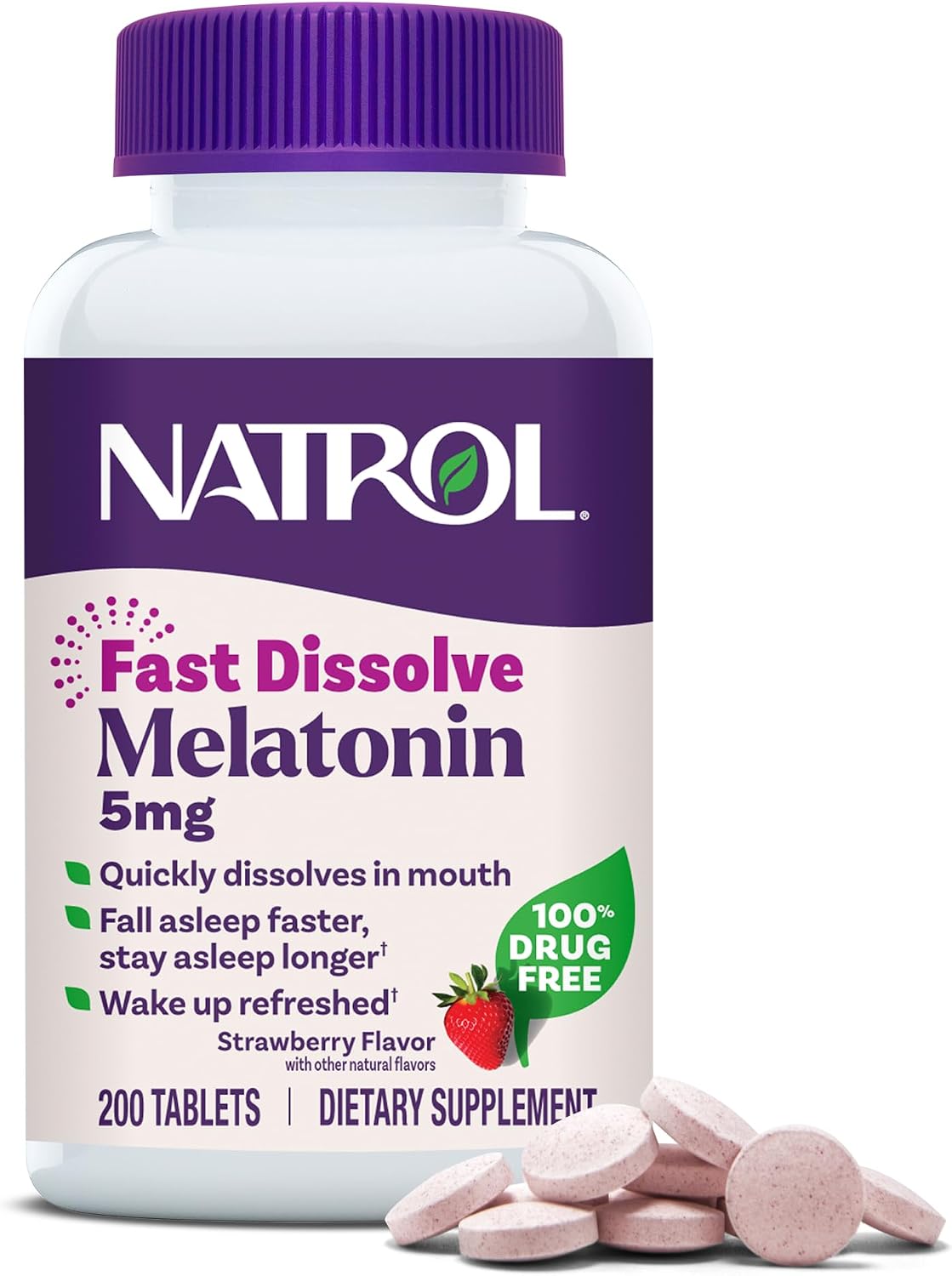 Natrol Melatonin 5 mg Fast Dissolve Tablets, Strawberry, 200 Count | Sleep Support for Adults, for Occasional Sleeplessness, No Water Needed, 100% Drug-Free, Non-Habit Forming