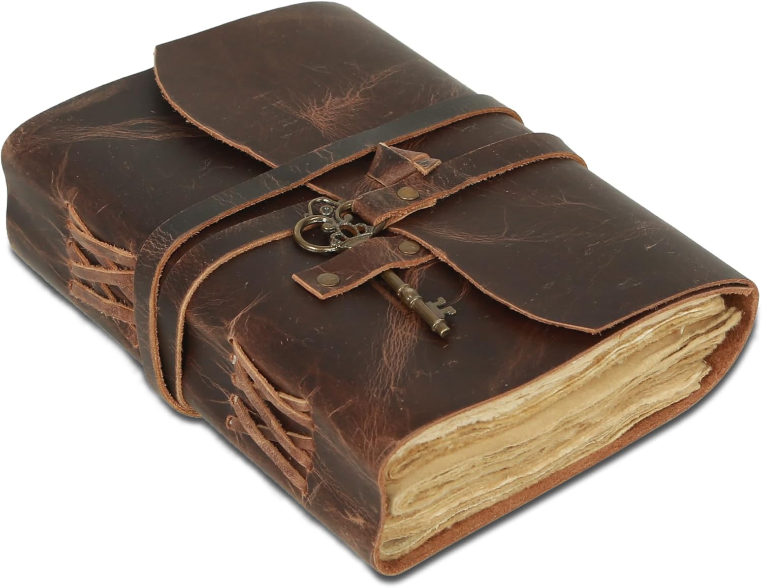 Leather Journal with lined Deckle Edge Paper 8x6 inch Vintage Key/Handmade Writing Notebook Diary/Bound Daily Notepad for Men & Women Medium, Sketch/Writing pad, for Artists (8 x 6, Brown)