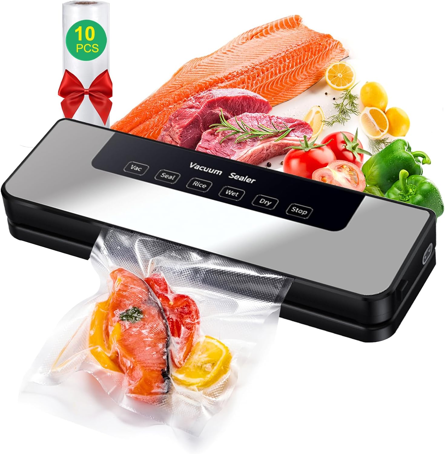 Vacuum Sealer, Hilifix 5-in-1 Food Vacuum Sealer Machine with 65 KPA Powerful Suction, 30MM Longer Seal Food Sealer for Dry and Moist Food Fresh Preservation with 10Pcs Vacuum Sealers Bags(Black)