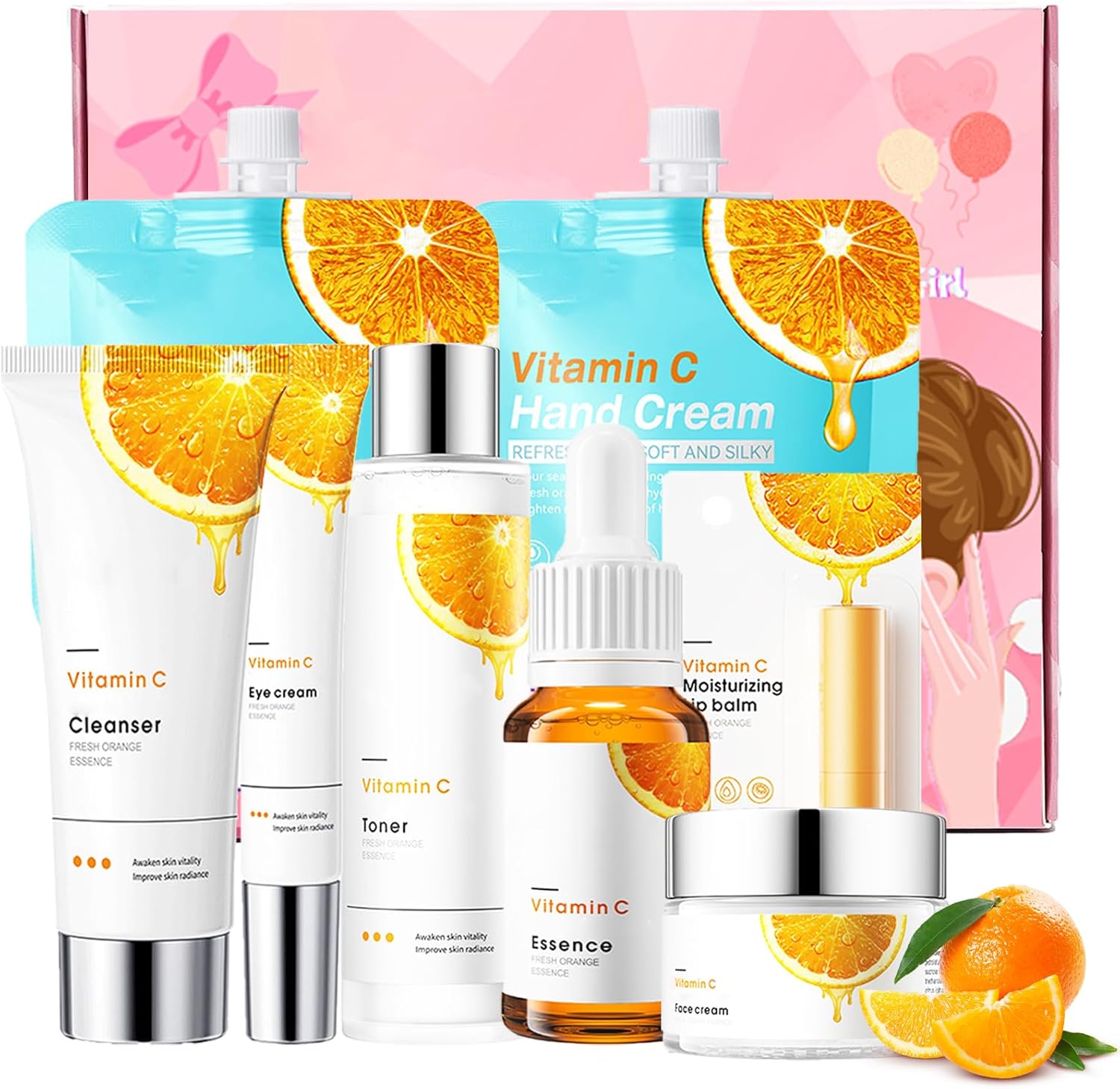 Skin Care for Teenage Girls Gift Set - 8PCS Vitamin C Skin Care Sets & Kits - Skincare Gifts for Women Includes Cleanser- Serum-Eye Serum-Toner-Cream-2PCS Hand Cream-Lip Balm - Plump Smooth Skin(8PCS)