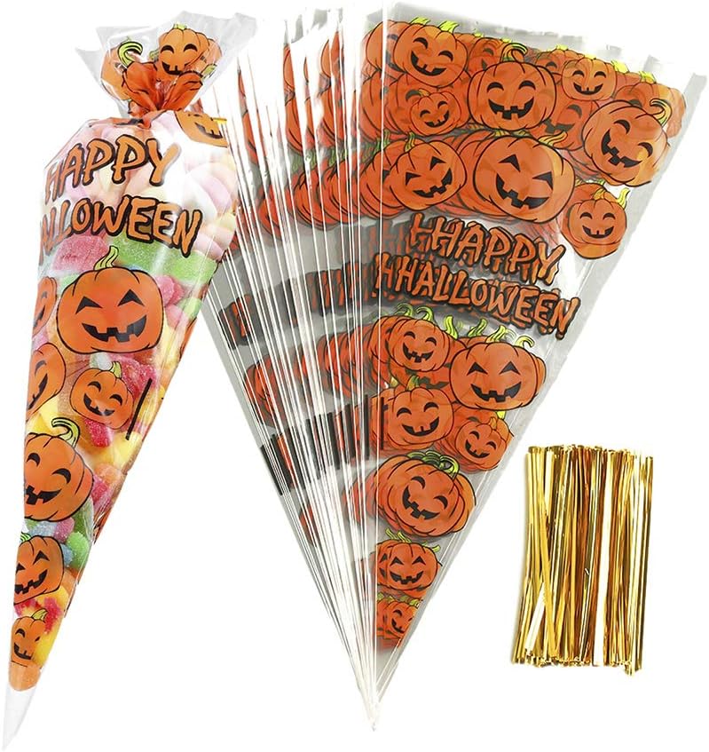 100Pcs Pumpkin Cone Bag Halloween Clear Cellophane Treat Bags, Party Favor Bags with Gold Twist Ties for Candy Cookies