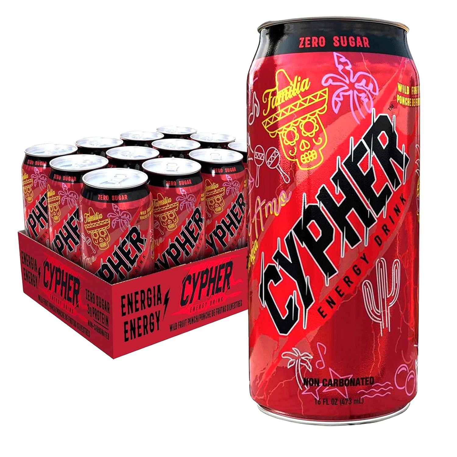 Cypher Wild Fruit Punch Zero Sugar Energy Drink - 3g Whey Protein, 0g Sugar, 260 mg Caffeine, Non-Carbonated, High-Performance, Sugar-Free Drink for Sustained Energy and Focus - 12-Pack, 16 oz Cans