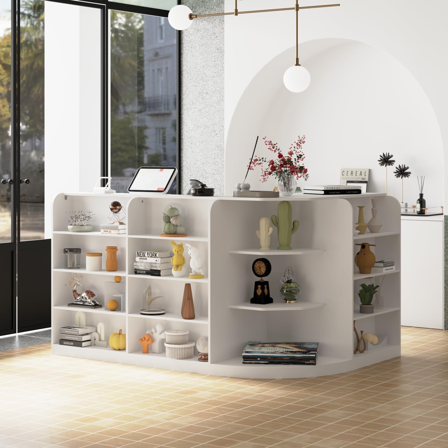 Reception Desk for Retail and Checkout, L-Shape Front Desk with 3 Drawers and Display Shelves, Reception Counter Table for Shop, Salons, White