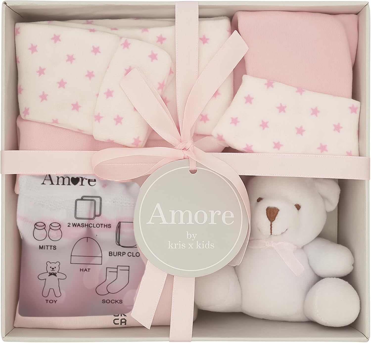 Newborn 7 Piece Luxury Boxed Baby Gift Set (0-3 Months), Newborn Baby Essentials & Newborn Baby Gift, Available in Blue, Pink & White (Pink)