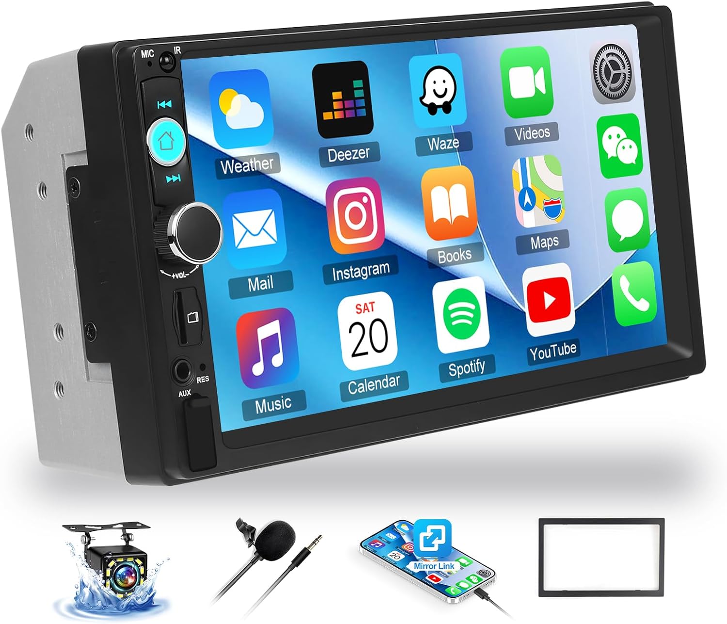 OiLiehu Double Din Car Stereo, 7" Car Radio 2 Din with Touchscreen, MP5 Multimedia Player with Mirror Link, Bluetooth, FM, USB, AUX, EQ, SWC, TF-Port, Backup Camera, 2 Din Frame