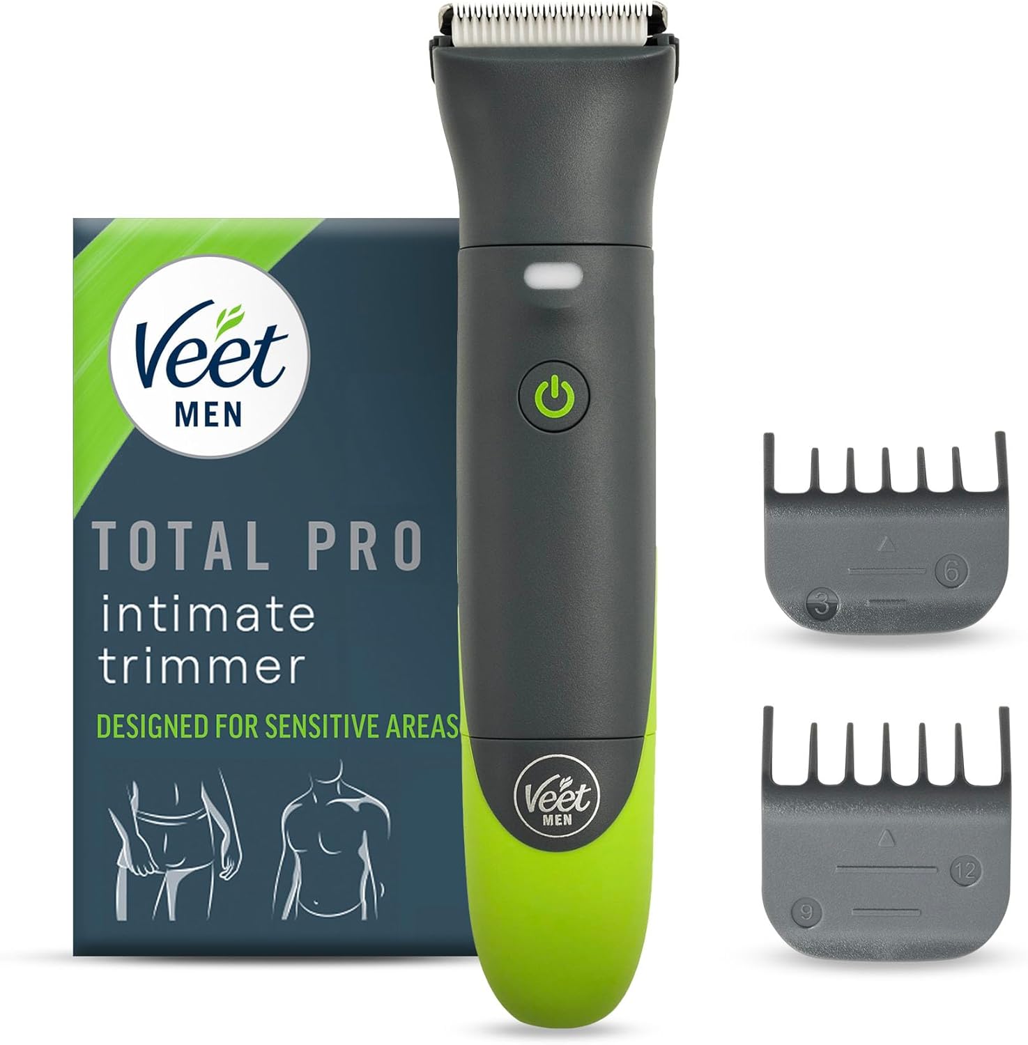 Veet Total Pro Precision Intimate Trimmer for Men, Grooming Device Body, Beard & Pubic Hair Safe & Gentle Trimming for Sensitive Areas Rechargeable, 100percent Waterproof, Designed for Wet & Dry Use