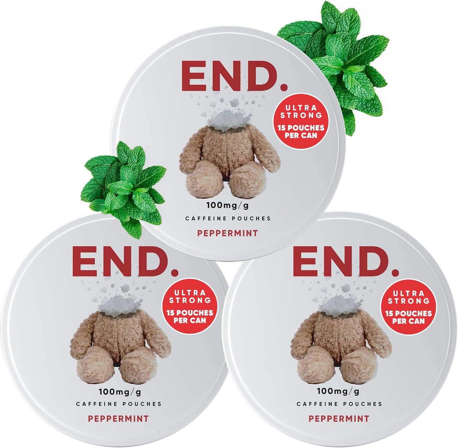 END. Caffeine Pouches: 75mg Natural Energy Boost, 12 Natural Flavors, Tobacco and Nicotine Free Pouches, On-The-Go Energy, Zero Sugar, 15 Coffee Pouches Per Can (Pack of 3, Peppermint)