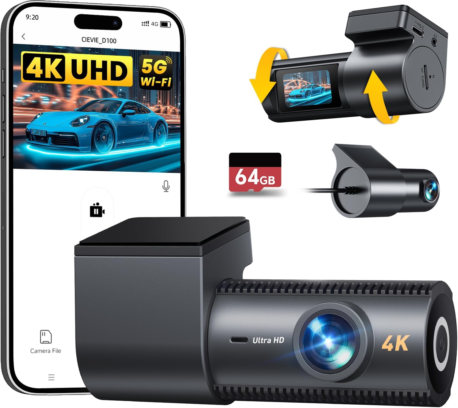 CIEVIE Dash Cam Front and Rear, 4K Dashcam with 64GB SD Card, 1.5'' IPS Display Dual Car Camera with 5GHz Wi-Fi, 24/7 Parking Mode, G-Sensor, Night Vision, 170° Wide Angle, Loop Recording, App Control