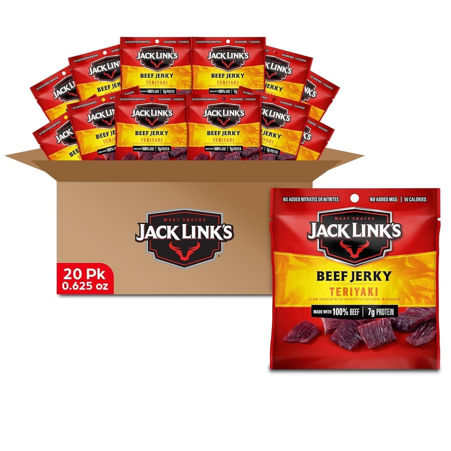 Jack Link's Teriyaki Beef Jerky Multipack - (20 Pack) 0.625 oz Bags - Ready to Eat Real Meat Protein Snacks - 7g Protein per Serving - Made with 100% Real Beef