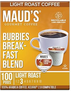 Maud's Breakfast Blend Coffee Pods, 100 ct - Bubbies Breakfast Blend - 100% Arabica Light Roast Coffee, Solar Energy Produced Recyclable Pods Compatible with Keurig K Cups Maker