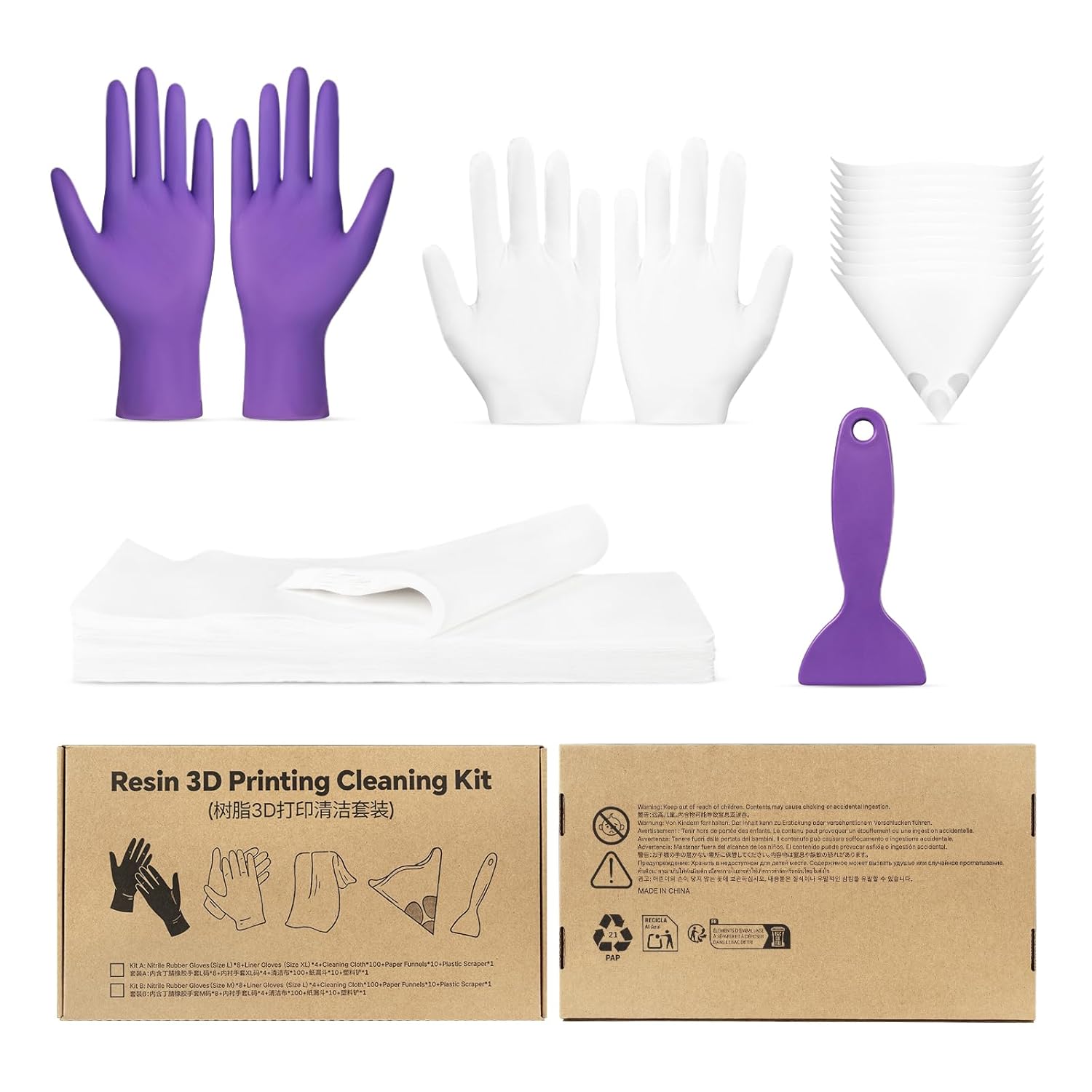RESIONE 3D Printer Cleaning Kit – Includes Nitrile Rubber Gloves, Liner Gloves, Cleaning Cloths, Funnels & Plastic Scraper – Must-Have 3D Printer Accessories for Resin 3D Printing Maintenance