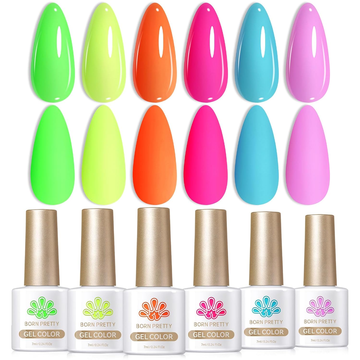 Born Pretty Gel Nail Polish Neon Gel Nail Polish Set Fluorescent Gel polish Orange Hot Pink Blue Yellow Green Purple Vibrant Soak Off U V LED Gel Nail Polish Nail Art 7ml 6pcs