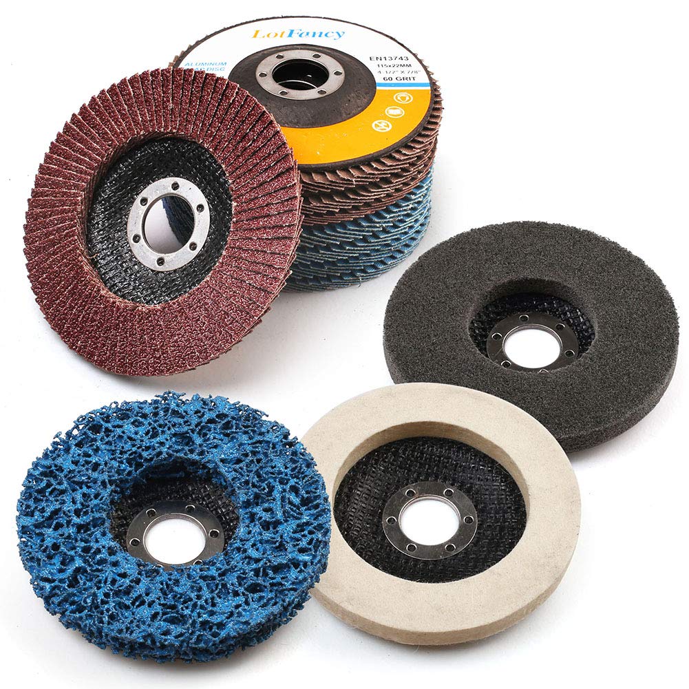 LotFancy Flap Disc 4 1/2 inches, 11 Grinding Polishing Discs Set for Angle Grinder, 40 60 80 120 Grit Assorted Pack, Sanding Wheels, Strip Disc, Nylon & Felt Polishing Disc Kit