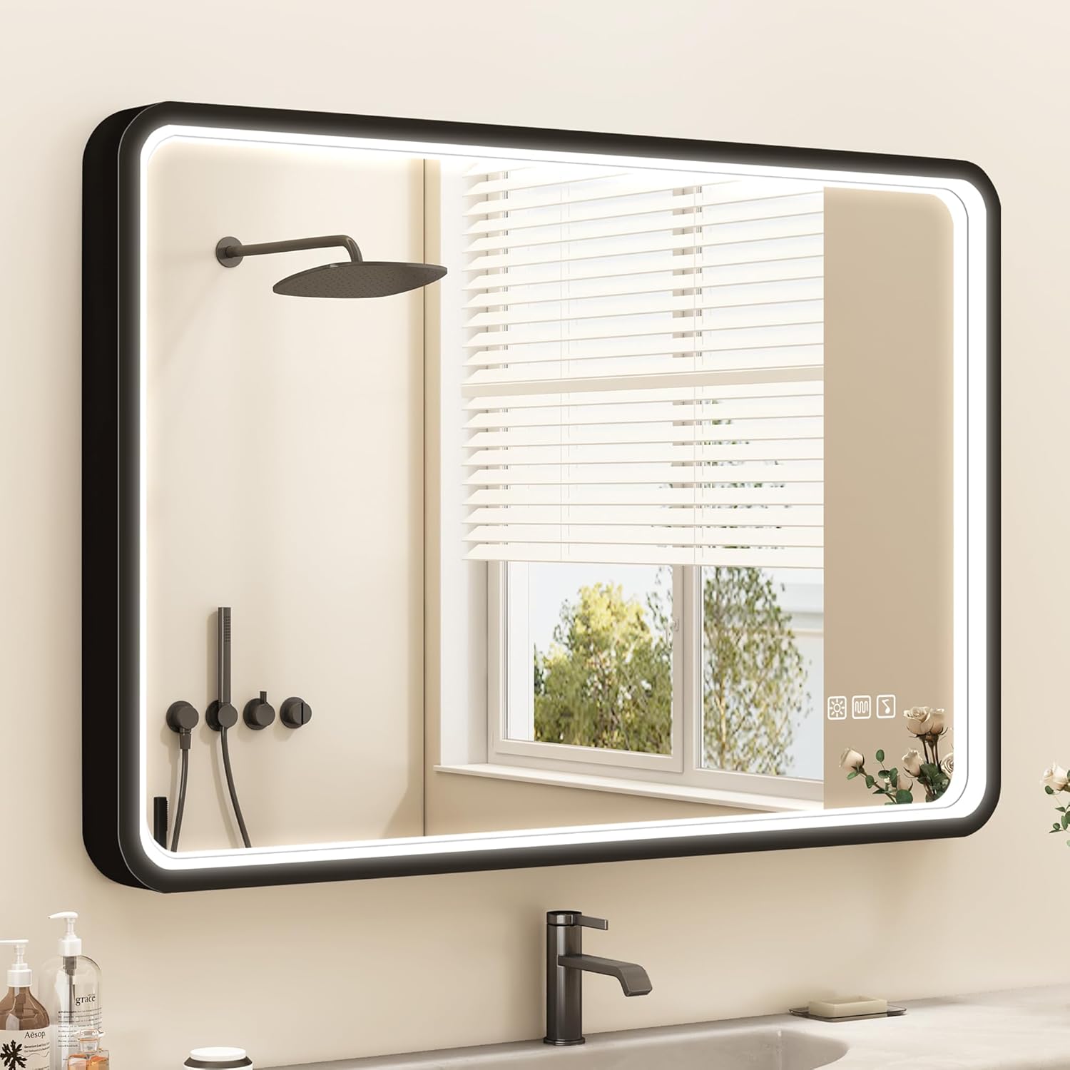 LED-Bathroom-Mirror-with-Lights, 24"x32" Wall-Mounted with Bluetooth Speaker, Anti-Fog, 3 Colors Dimmable Light, Waterproof, Black Framed