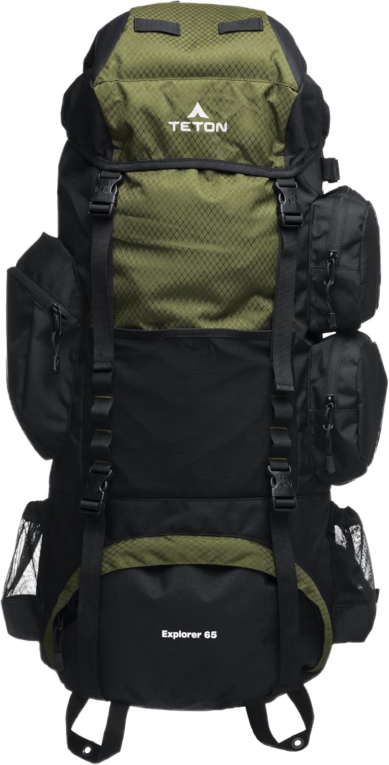 Teton 65L Explorer Internal Frame Backpack for Hiking, Camping, Backpacking, Rain Cover Included, Olive