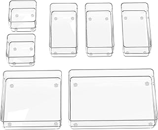 SMARTAKE 7-Piece Drawer Organizer with Non-Slip Silicone Pads, 4-Size Desk Drawer Organizer Trays Storage Tray for Makeup, Jewelries, Utensils in Bedroom Dresser, Office and Kitchen (Clear)