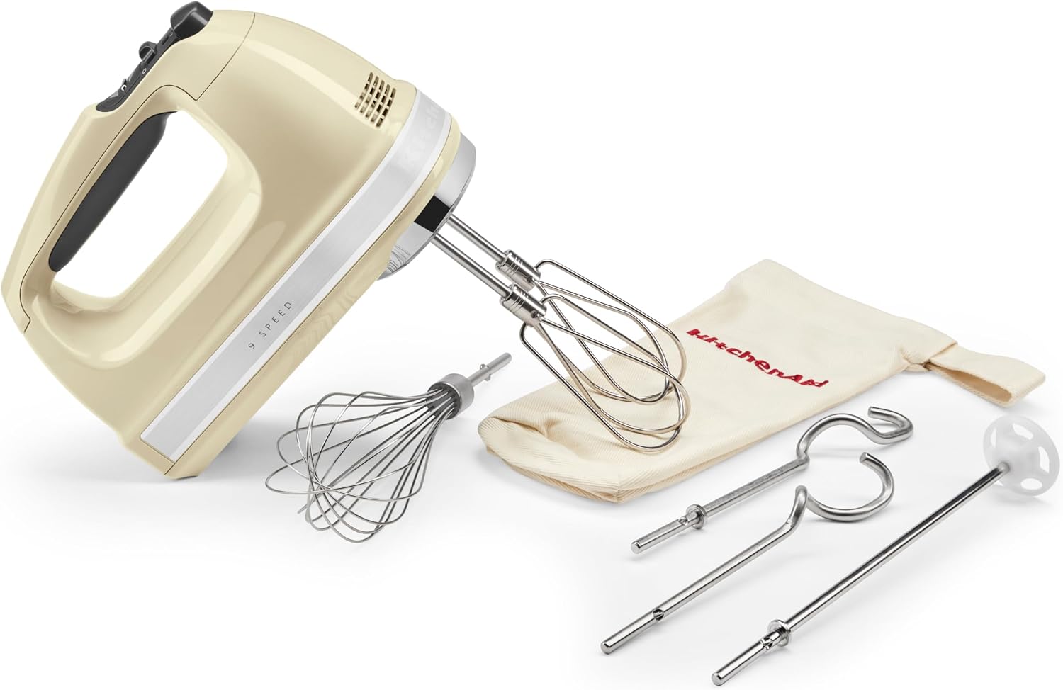 KitchenAid 9-Speed Hand Mixer, 85W Quiet DC Motor with Soft Start, 6 Accessories – Beaters, Whisk, Dough Hooks & Mixing Rod, Swivel Cord, Storage Bag Included, Almond Cream