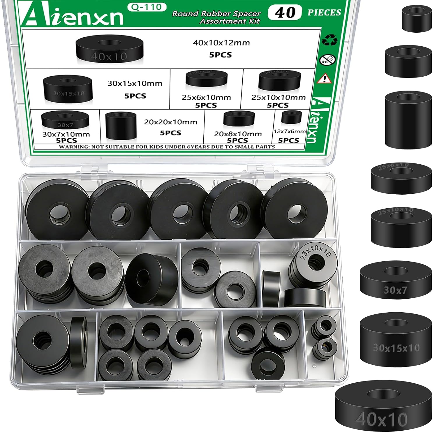 40PCS 8 Sizes Black Round Rubber Spacer Assortment Kit, Multi Purpose Rubber Bushings Anti Vibration Spacer for Electrical Repair, Home and Car Accessories