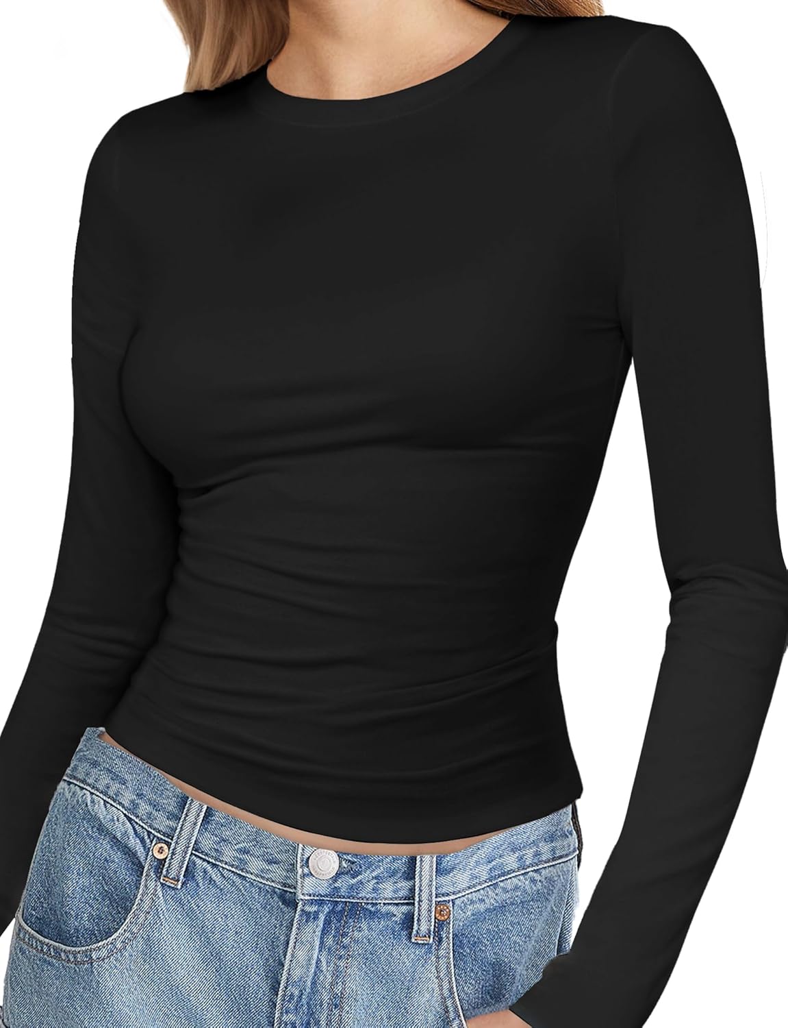 YOGINGO Womens Crew Neck Basic Long Sleeve T Shirt Slim Fit Tees 2024 Fall Y2k Going Out Crop Tops Cute Tight Shirts