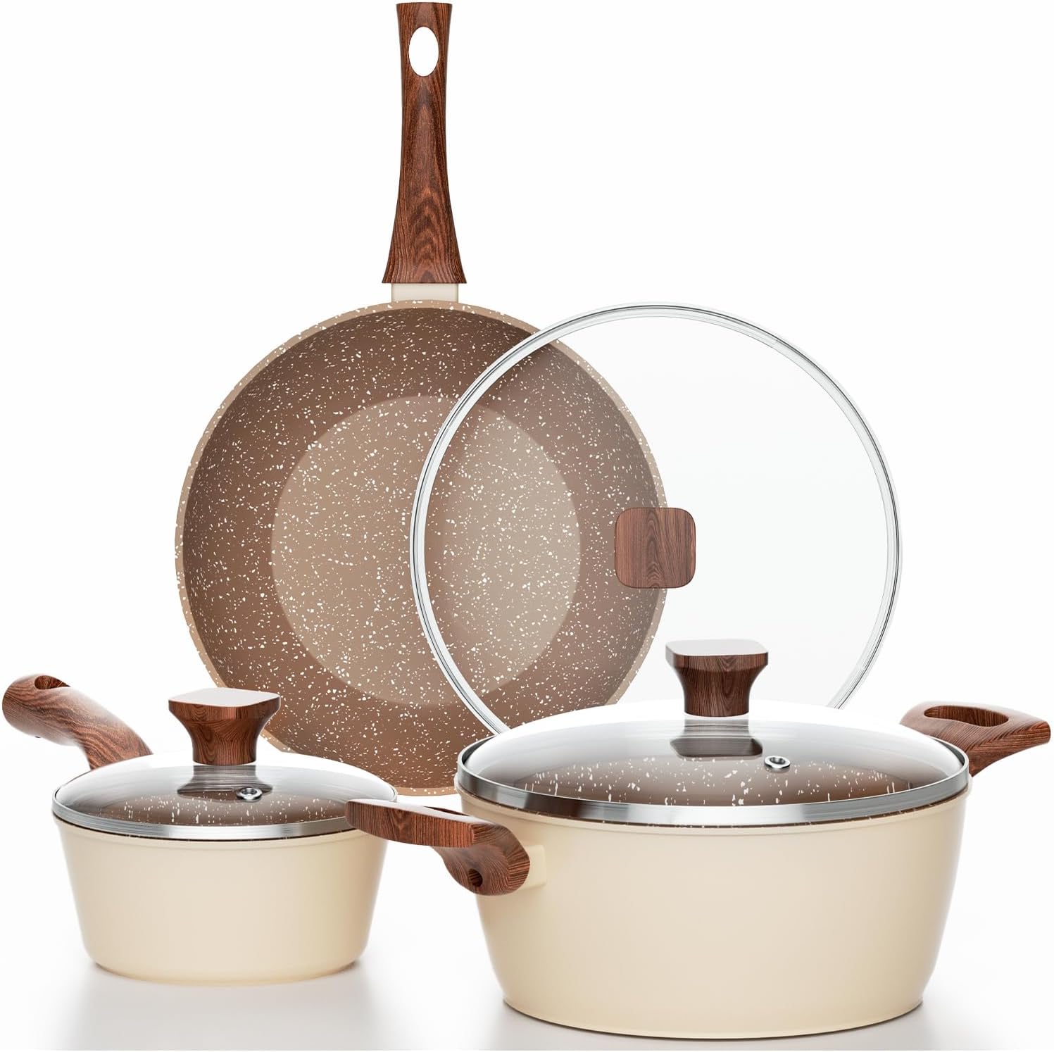 Pots and Pans Set Nonstick, 6 Piece Kitchen Nonstick Cookware Sets with Bakelite Handles, Non-Toxic Non Stick Cooking Set, Granite Induction Compatible (PFOS, PFOA Free)