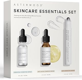 Asterwood Skincare Essentials Gift Set - with Hyaluronic Acid Serum, Triple Repair Serum, and Hyaluronic Acid Under Eye Serum - Skin Care Set, Christmas Gift, Gifts for Women