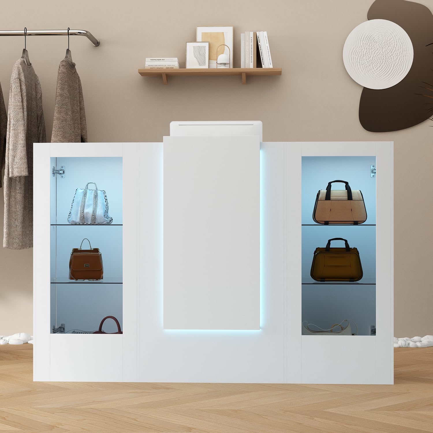 Reception Desk with Counter, 59.1 inch Front Desk with LED Light & Glass Display Shelf, Reception Room Table with Cable Grommet, Retail Counter Salon Reception for Checkout, White