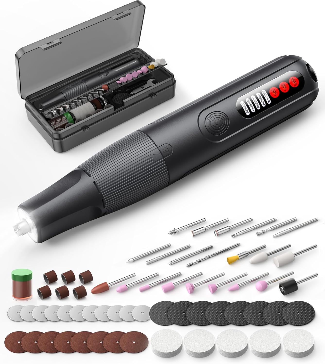 ZoCCee Rotary Tool, Cordless 8V Multi-Tool with 5 Variable Speeds and LED Light, Mini-Rotary Tool with 62 Accessories for Grinding, Polishing, Drilling, Engraving, Cutting, LED Display, Rechargeable