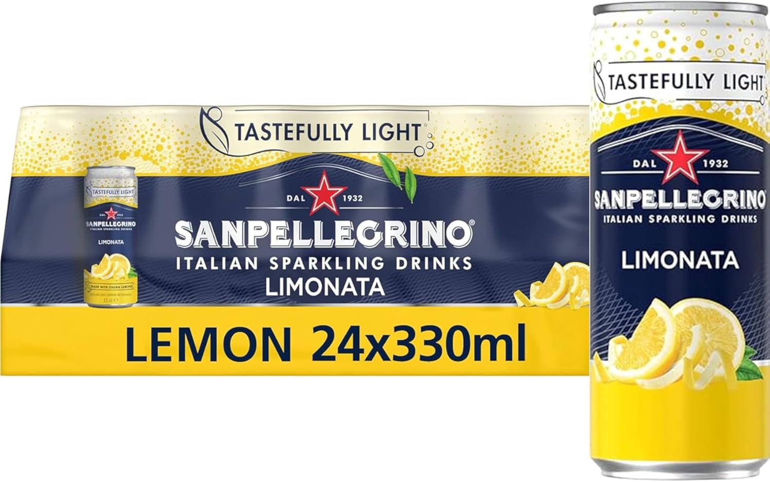 San Pellegrino Italian Sparkling Drinks Tastefully Light Sparkling Lemon Canned Soft Drink 24 x 330ml - 73k Cals per Can