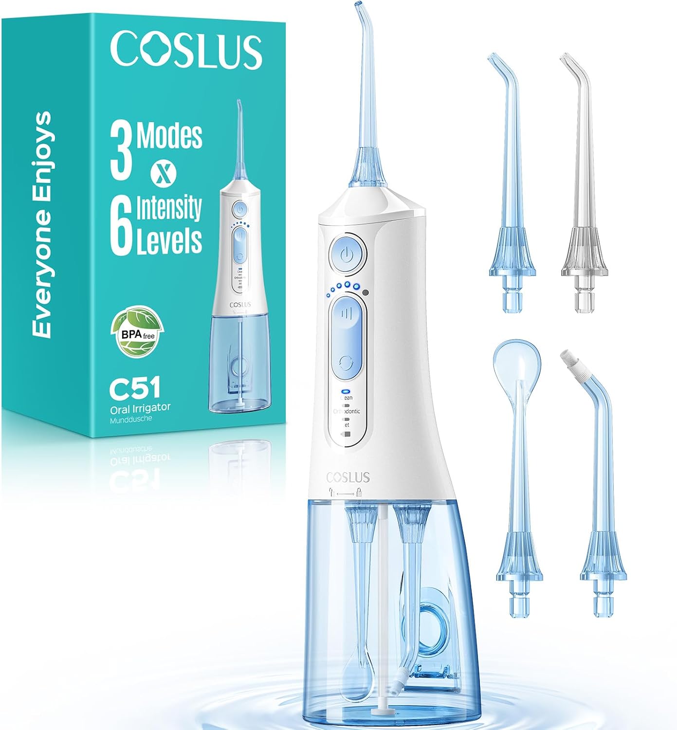COSLUS ADA Accepted C51 Water Dental Flosser, 3 Modes 6 Pressure, White