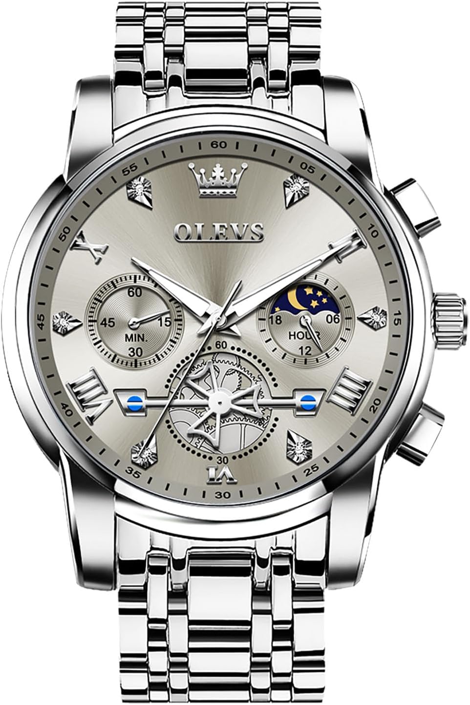OLEVS Men Watches Stainless Steel Chronograph Watch, Large Wrist Analog Quartz Watch, Fashion Waterproof Diamond Roman Numerals Dress Watches for Men, Gold/Black/White/Blue/Grey Dial