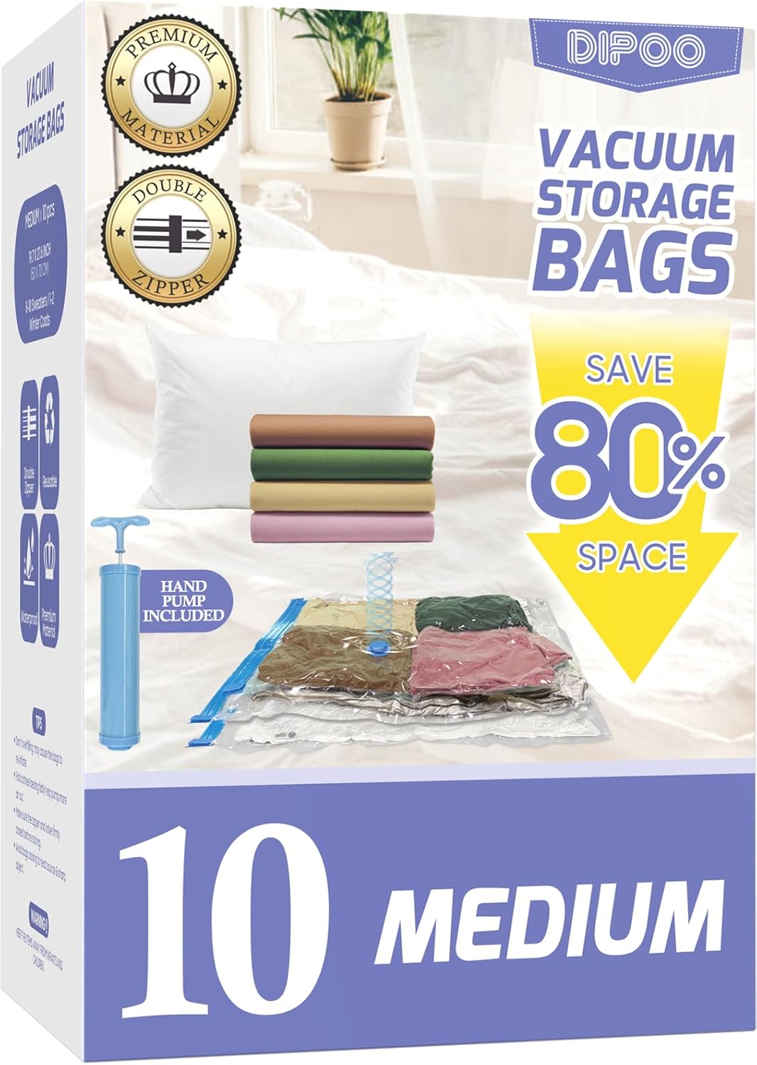 10 Pack Medium Vacuum Storage Bags with Hand Pump, 80% Storage Space Saving, Sturdy Leak-Free Space Saver Vacuum Seal Bags for Clothing, Vacuum Compression Bags for Travel Lugggage