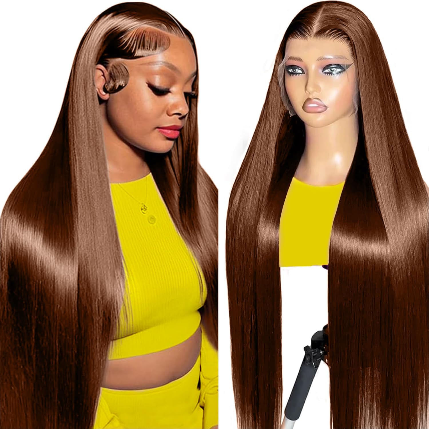 Beluck Chocolate Brown Straight Human Hair Wig For Women, 13X6 HD Lace Front Wigs Human Hair Wig 180Density, Brazilian Real Lace Frontal Glueless Wig Human Hair Pre Plucked Baby Hair 24Inch