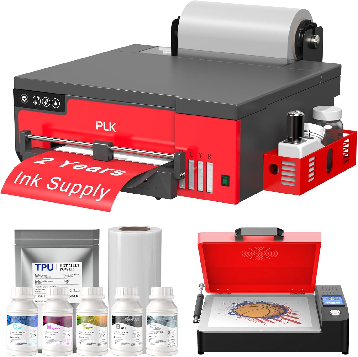 PLK A4 DTF Printer with XP600 Printhead, Sheet and Roll Feeder,Built-in Film Cutter,Upgrade L8058 DTF Printer Machine with White Ink Stirring System 100% Transfer for DIY Printing（with Oven Bundle