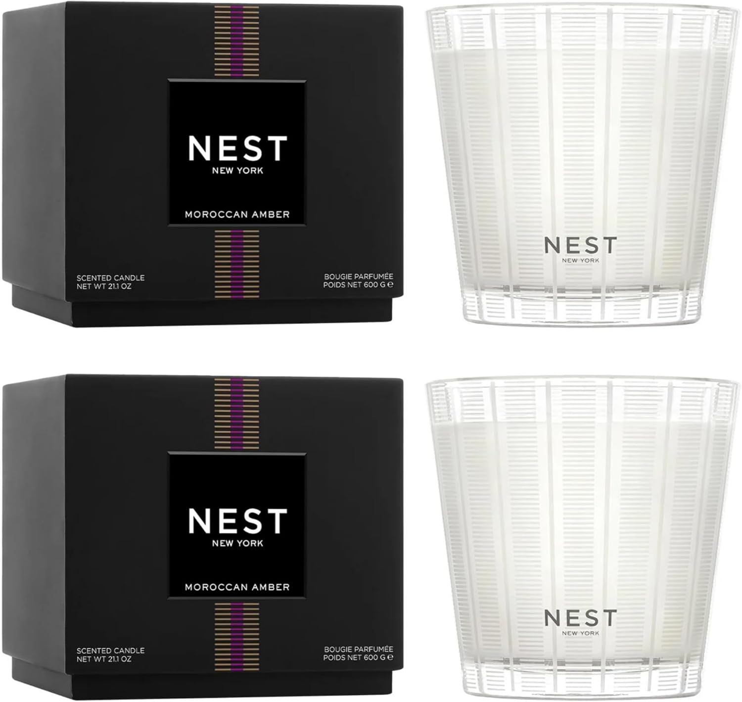 NEST New York Scented 3-Wick Candle, Moroccan Amber - 21.2 oz, Pack of 2 - Up to 100-Hour Burn Time - Reusable Glass Vessel