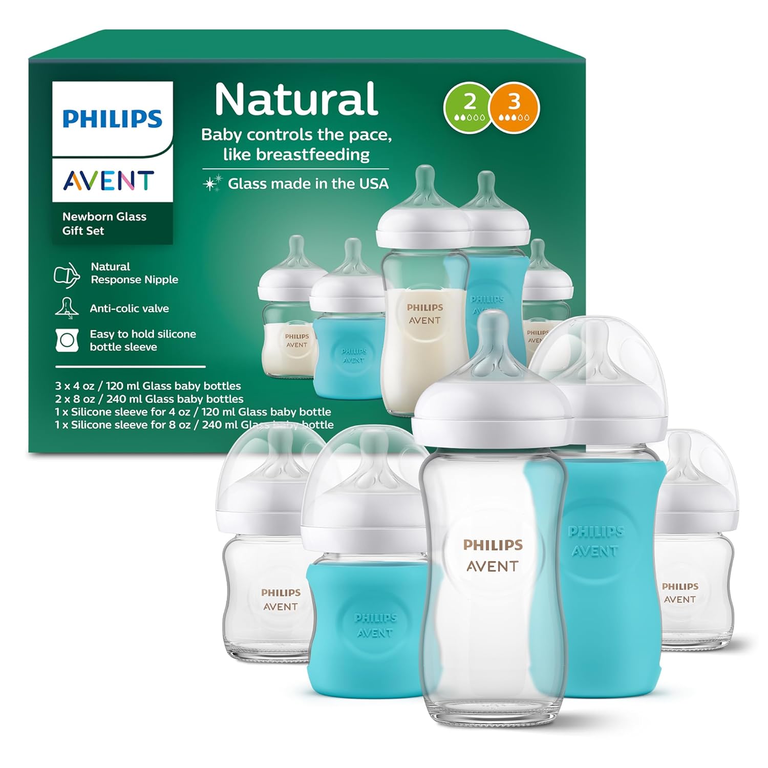 Philips Avent Natural Newborn Glass Gift Set, Baby Bottles with Natural Response Nipples, 3X 4oz (Slow Flow, Flow 2) and 2X 8oz (Medium Flow, Flow 3), 2X Silicone Sleeves, SCD858/01