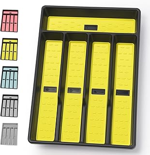 Silverware Organizer with Cutlery Icons，Silverware Tray for Kitchen Drawer，Plastic Flatware Tableware Silverware Drawer Organizer Utensil Organizer with Non-slip TPR Linings，5-Compartment，Yellow