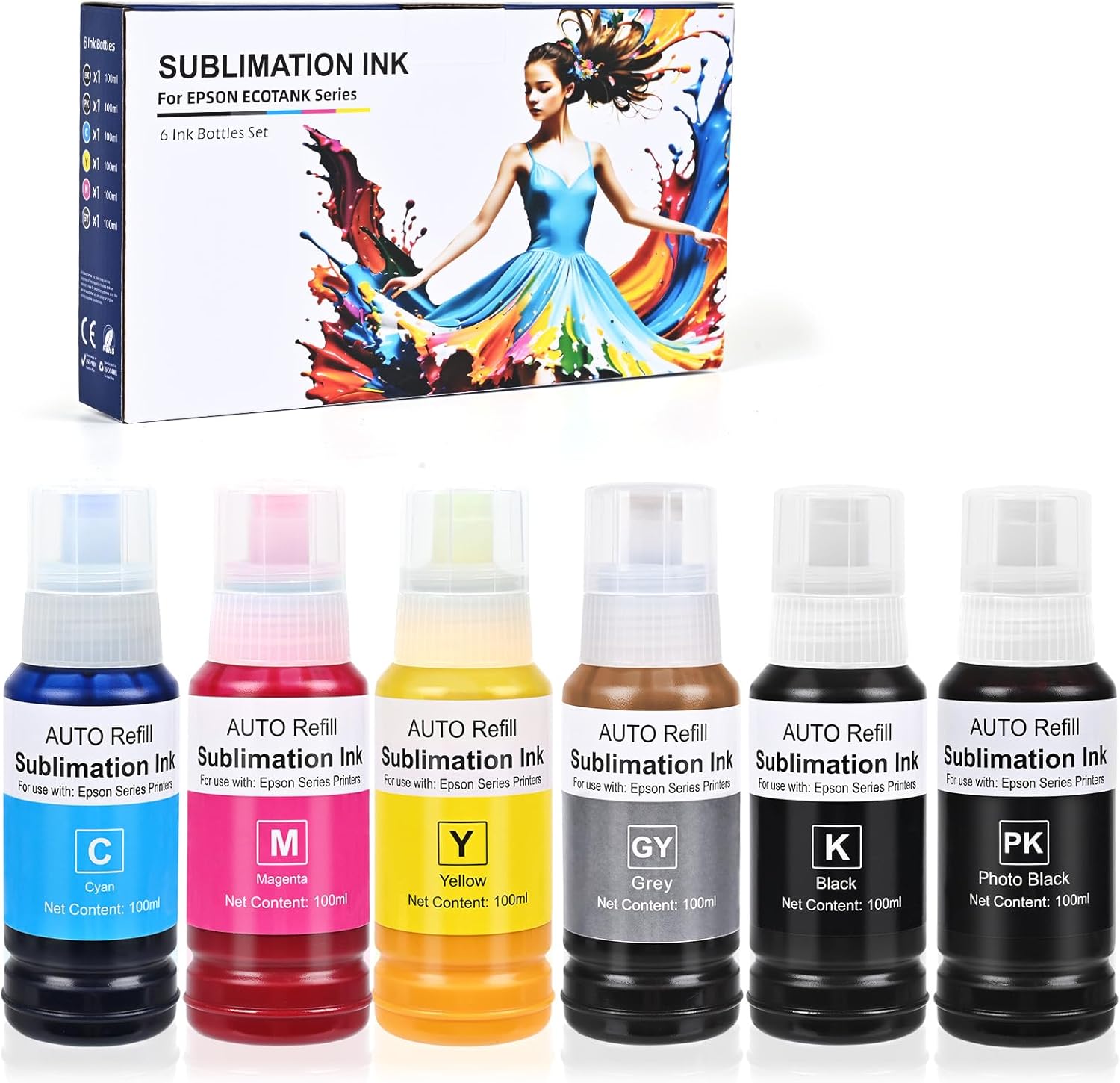 552 Sublimation Ink Refill Bottles use for Eoctank ET-8550, Ecotank ET-8500（BK PBK C M Y GY, 600ml）