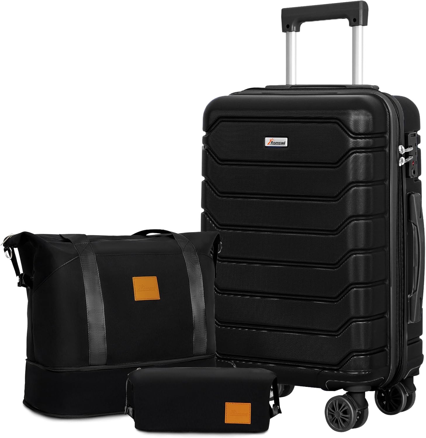 Romswi 20 Inch Carry On Luggage Sets,Lightweight PC+ABS Hardshell Luggage with Spinner Wheels TSA Lock, Durable Suitcase Sets with Duffel Bag Travel Bag,3 Pcs,Black