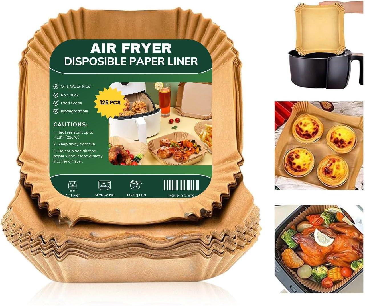 Air Fryer Paper Liners, 125 Pcs Instant Pot Air Fryer Liners, 9-Inch Square Air Fryer Disposable Paper Liner, Non-Toxic Reusable Air Fryer Inserts for Baking, Roasting Microwave (9 Inch Square)