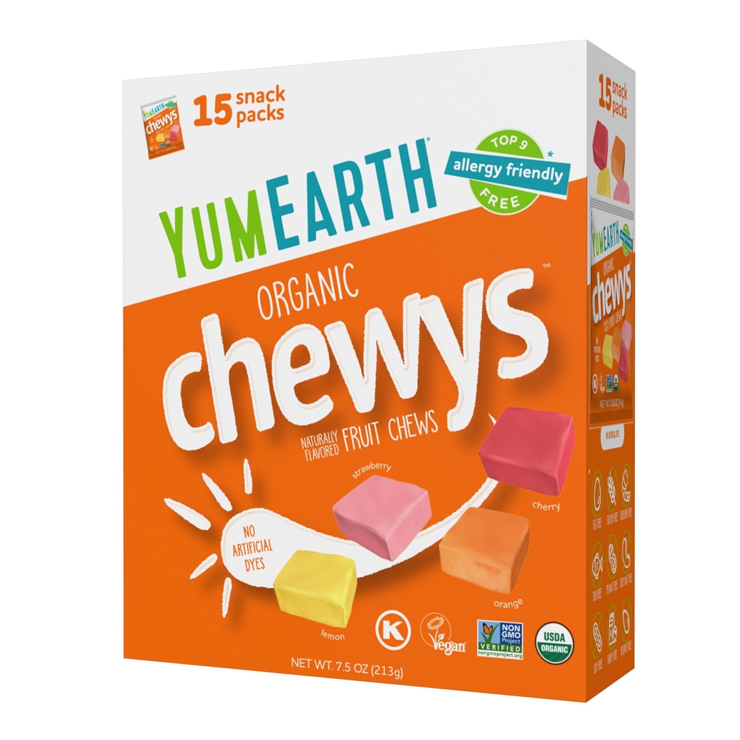 YumEarth Organic Chewys Fruit Flavored Candy Chews - Allergy Friendly, Gluten Free, Non-GMO, Vegan, No Artificial Flavors or Dyes - Assorted Flavors, 7.5 oz.