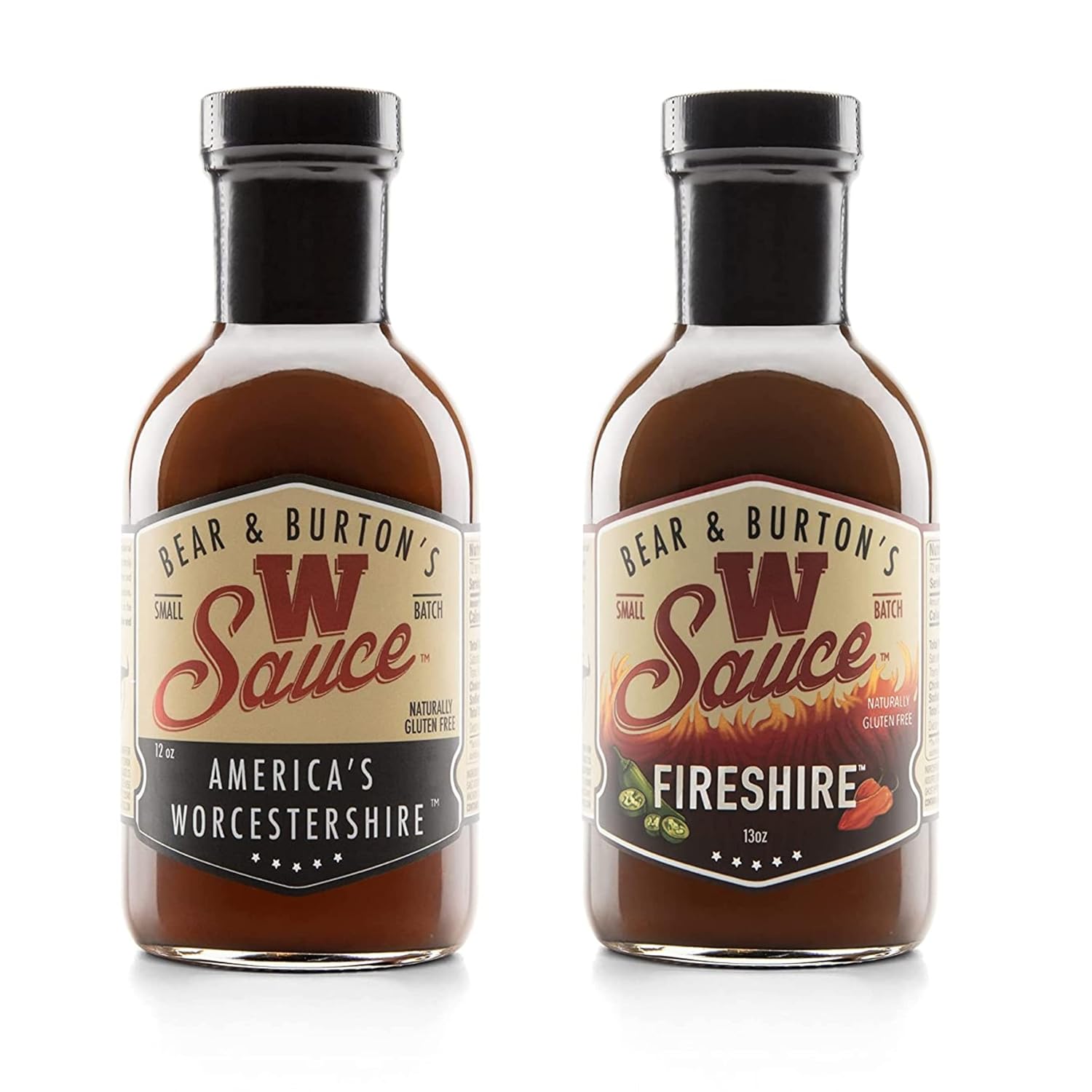 Bear & Burton's W Sauce + Fireshire, Two Pack Fireshire and Original W Sauce, 12 Fl oz Bear and Burtons W Sauce + Fireshire, Two Pack Fireshire and Original W Sauce | Distinctive Spicy Worcestershire Sauce Blend | Perfect for Steaks, Dressings & Marinades | 12 Oz