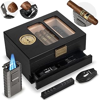 Cigar Humidor, Glass Top Cedar Wood Cedar Humidor Box, Cigar Case for 20-35 Cigars with Hygrometer, Cigar Lighter and Cigar V-Cutter, Desktop Humidor, Gift for Humidor Cigar Box for Men