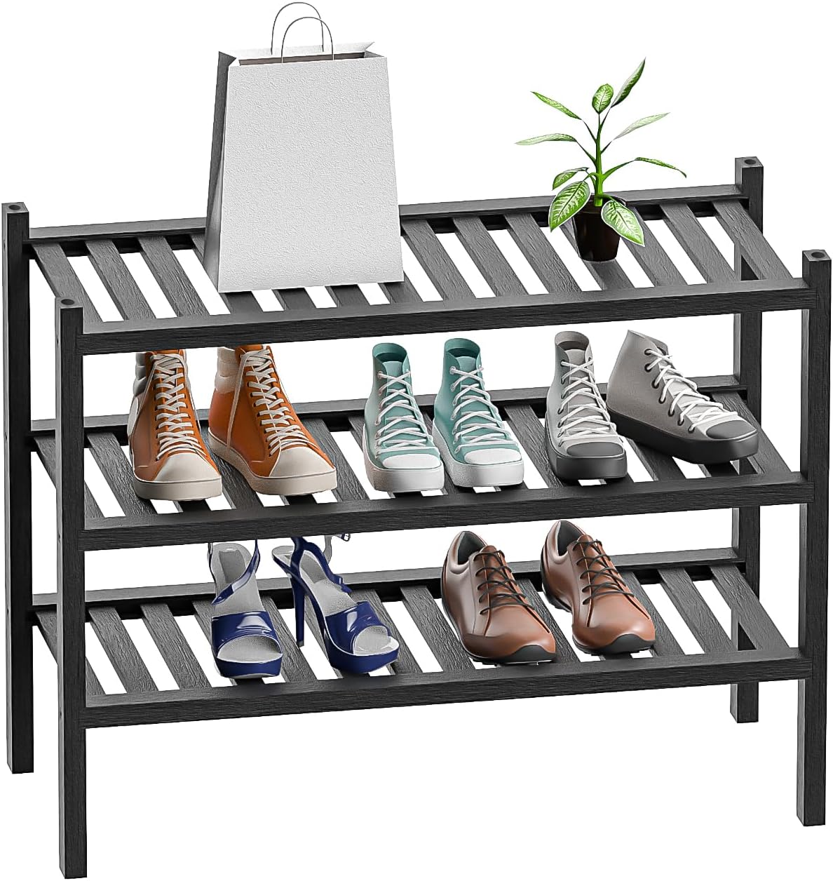 Shoe Rack 3-Tier Organizer-Stackable Storage Shelf with Multi-Function Combinations-Free Standing Bamboo Shoe Racks for Closet,Entryway,Hallway,Bathroom,Living Room Shoe Organization (Black, 3-Tier)