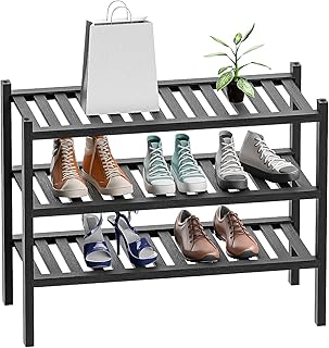 Shoe Rack 3-Tier Organizer-Stackable Storage Shelf with Multi-Function Combinations-Free Standing Bamboo Shoe Racks for Closet,Entryway,Hallway,Bathroom,Living Room Shoe Organization (Black, 3-Tier)
