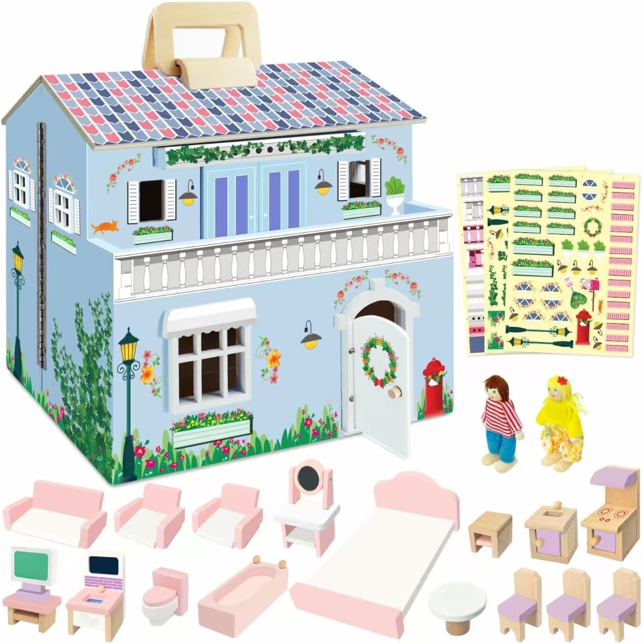 DIY Wooden Dollhouse with 3 Sticker Sheets – Create 2 Styles (White & Pink), Foldable Design with Portable Handle & Metal Lock, 4 Rooms, 16 pcs Furniture, 2 Dolls, Gift for Kids Ages 3+