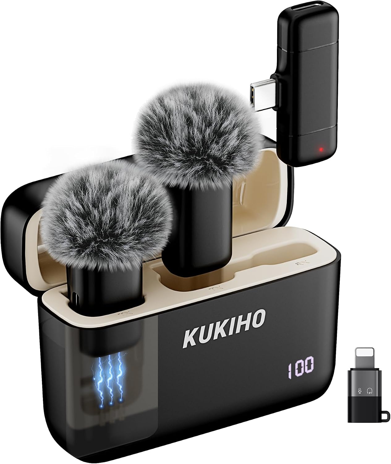 KUKIHO Wireless Lavalier Microphone with Charging Case, 36H Battery Life, Noise Cancellation, 135ft Range, Plug-and-Play Clip-On Mic for iPhone, iPad, Android, YouTube, Vlog, Live Streaming